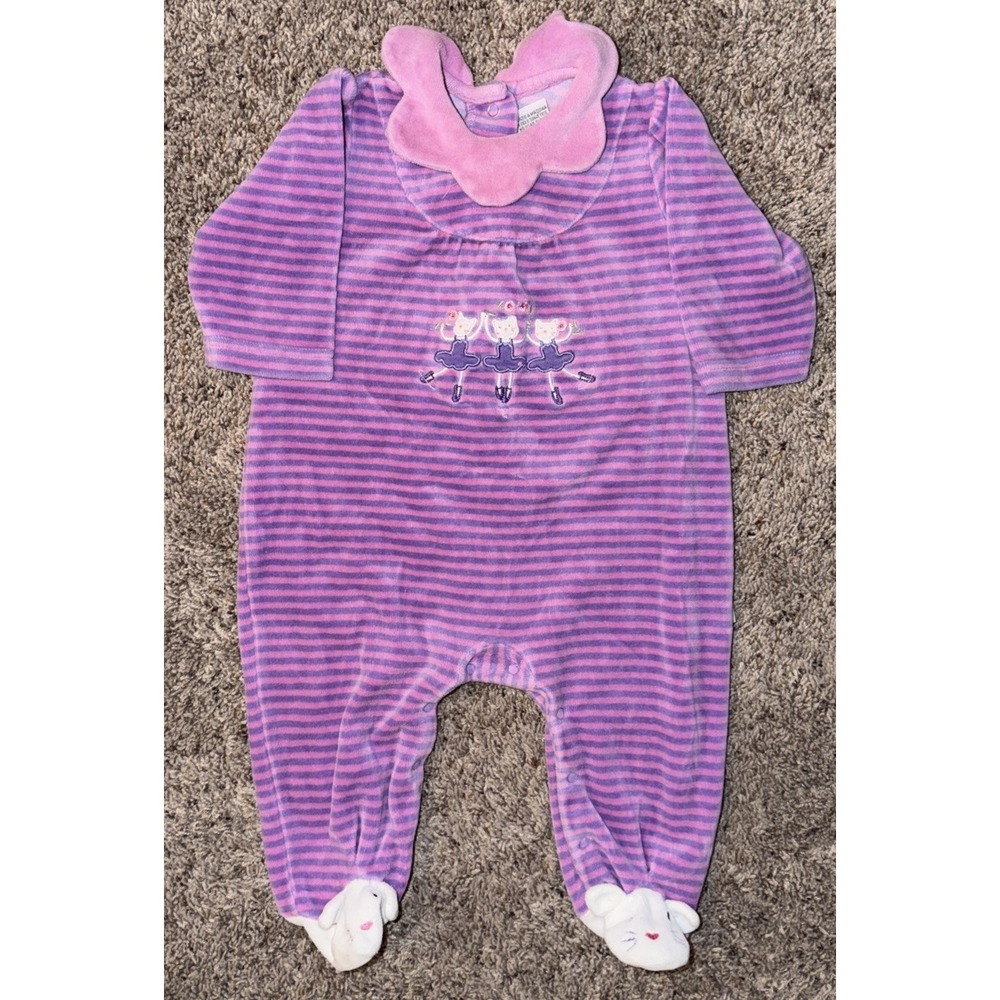 Le Top Baby Girl 3M Pink Purple Stripe Velour Footed Romper Ballerina Cats Vtg‎